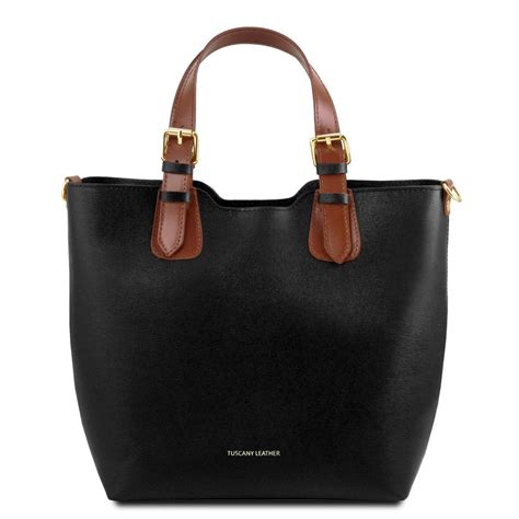 Borsa Shopping In Pelle Nero 